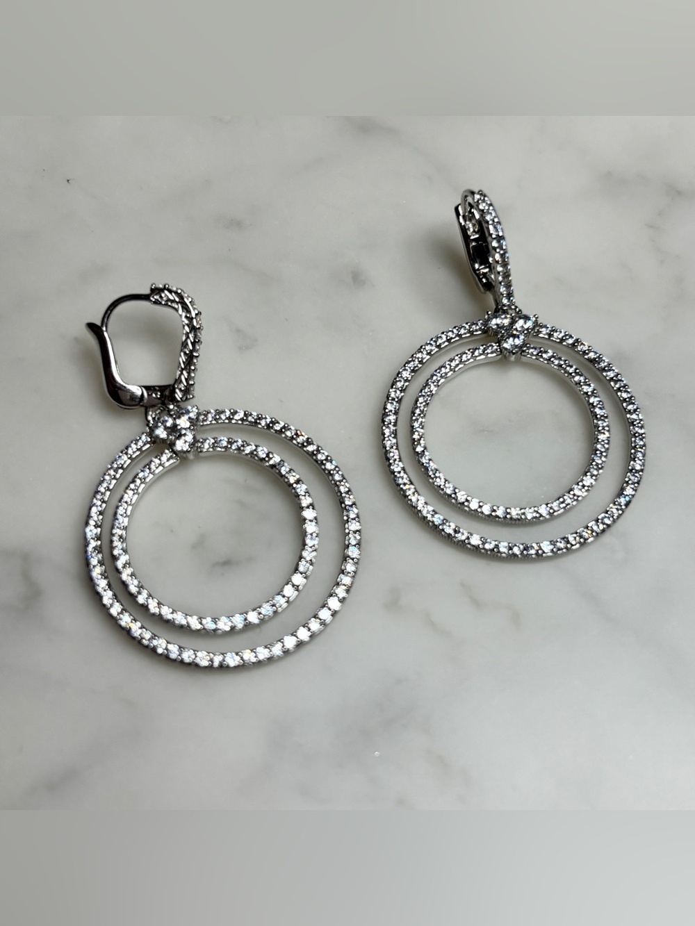 Silver-Tone Double Hoop Crystal Drop Earrings - Sparkling White